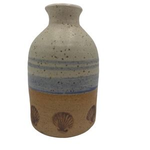 Bud Vase Seashell Impressions Signed AP Cream & Blue Ocean Beach Nautical